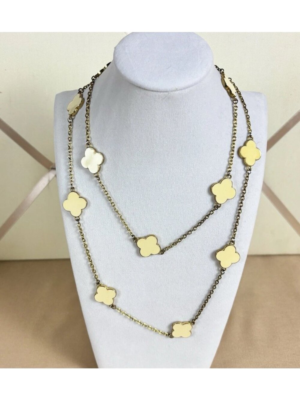 Vtg Signed FORNASH Ivory Gold Tone Clover Necklace 39” Wrap Style A130
